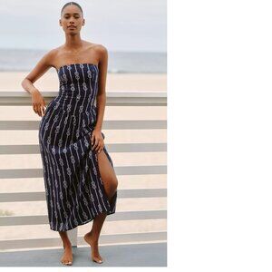 Anthropologie Celandine Linen Blend Strapless Drop-Waist sIZE M blue NEW NWT